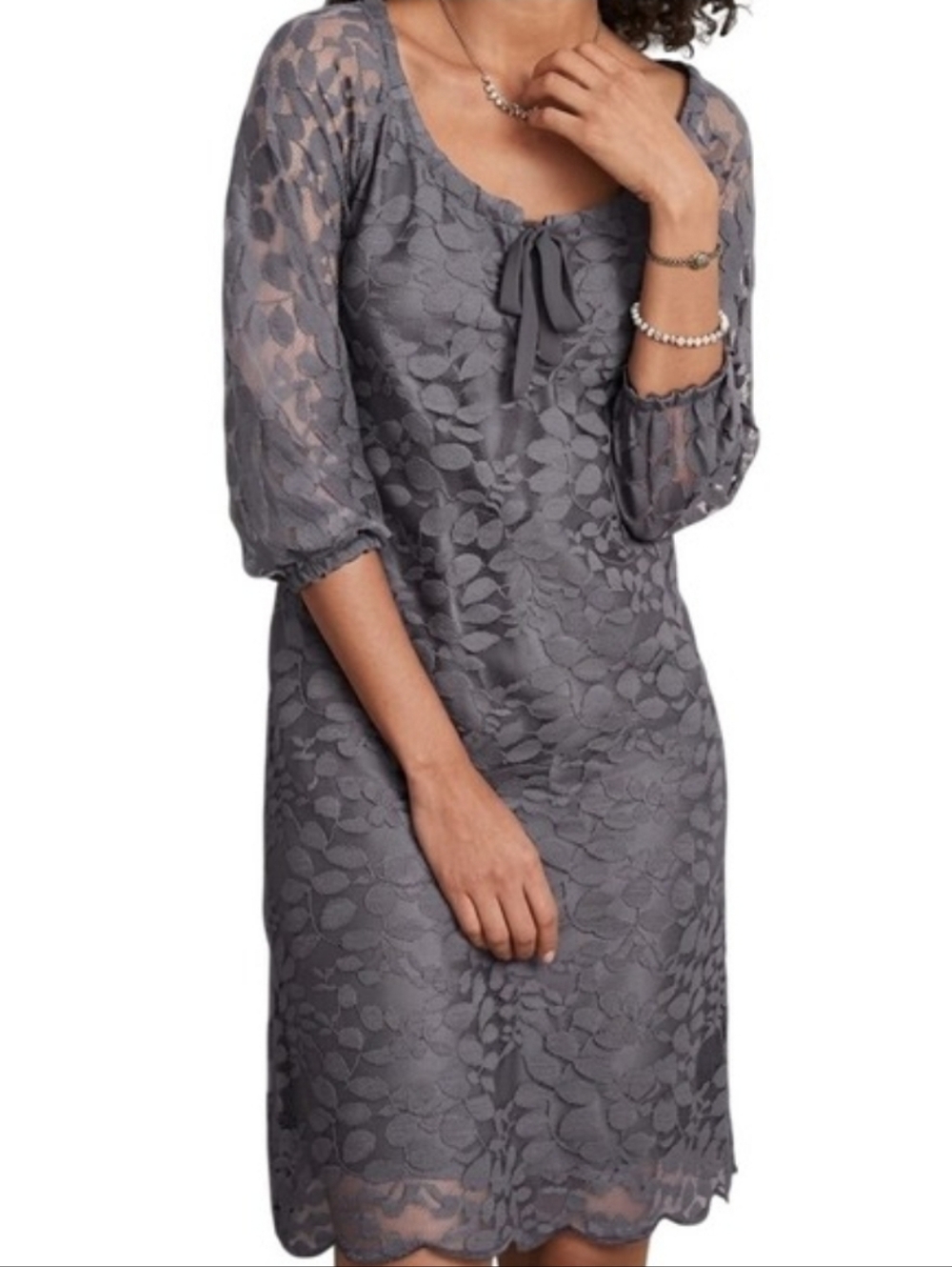 Garnet Hill Grey Boheme‎ Easy Lace Dress Size 12 Cotton Scalloped Lightweight